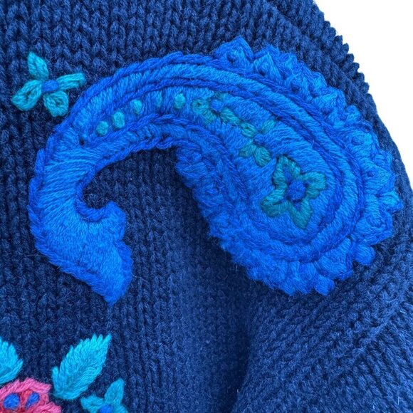 Maggie Lawrence Vintage Womens Embroidered Floral Navy Cardigan Knit Sweater M - Picture 6 of 11